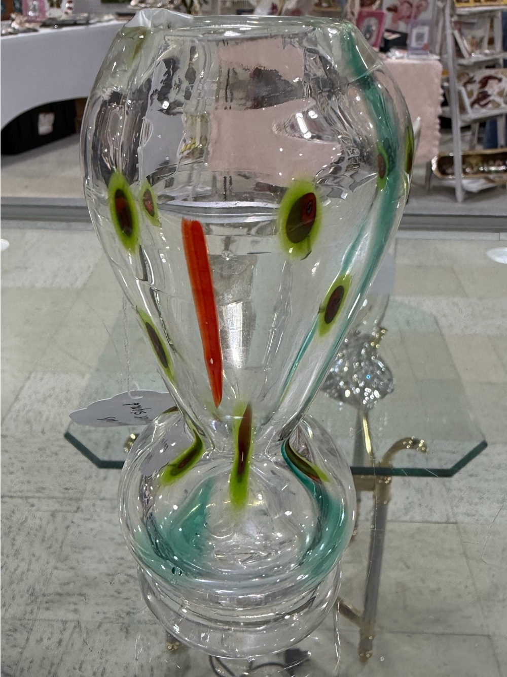 MCM Murano art glass clear Hourglass vase with colored swirls 5.5in